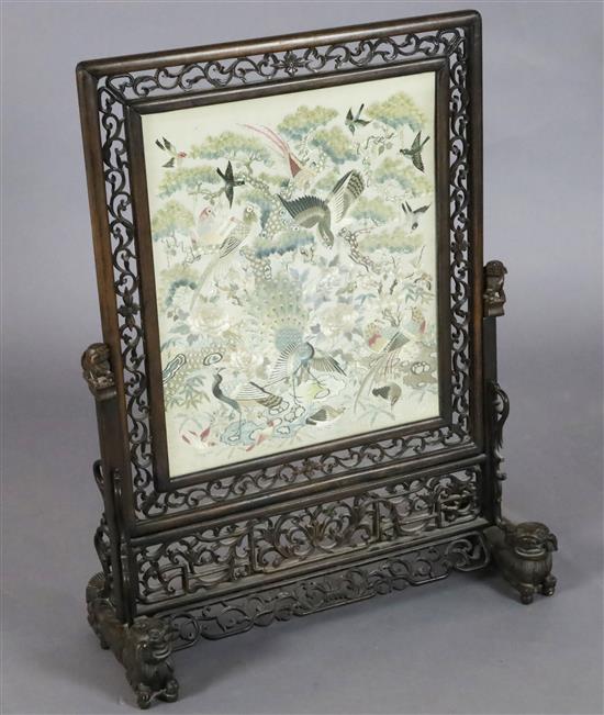 A Chinese Hundred Bird embroidered silk table screen, late 19th century, Total size 72.5 x 56cm